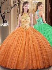 Best Orange Backless Ball Gown Prom Dress Embroidery and Hand Made Flower Sleeveless Floor Length