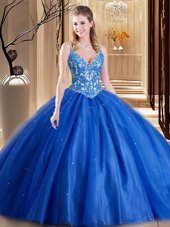 Floor Length Lace Up Quinceanera Gowns Blue and In for Military Ball and Sweet 16 and Quinceanera with Beading and Appliques