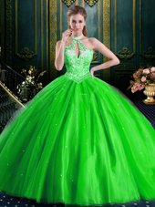 Best Selling Halter Top Sleeveless Tulle Lace Up Quinceanera Gown for Military Ball and Sweet 16 and Quinceanera