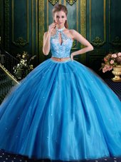 Baby Blue Two Pieces Halter Top Sleeveless Tulle Floor Length Lace Up Beading and Lace and Appliques Sweet 16 Quinceanera Dress