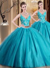 Decent Teal Sleeveless Floor Length Beading and Lace and Appliques Lace Up Quinceanera Dress