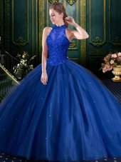 On Sale High-neck Sleeveless Lace Up Quinceanera Gown Royal Blue Tulle