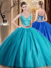 Admirable Teal Spaghetti Straps Neckline Beading and Lace and Appliques Quinceanera Dresses Sleeveless Lace Up