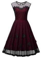 Scoop Sleeveless Ankle Length Embroidery Side Zipper Prom Party Dress with Burgundy