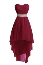 Low Price High Low Burgundy Prom Dress Organza Sleeveless Belt