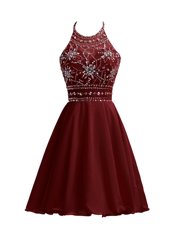 Customized Halter Top Sleeveless Evening Dress Knee Length Beading Burgundy Chiffon