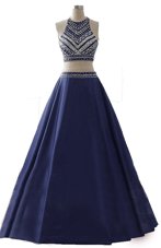 Chiffon Scoop Sleeveless Zipper Beading Prom Dresses in Navy Blue