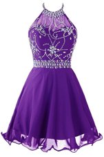 Halter Top Sleeveless Organza Mini Length Zipper Evening Dress in Purple for with Beading