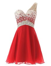 Custom Designed One Shoulder Red A-line Beading Going Out Dresses Criss Cross Chiffon Sleeveless Knee Length