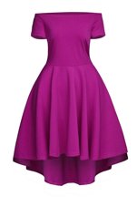 Custom Fit Fuchsia Short Sleeves Ruching Tea Length