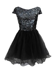 Black Evening Party Dresses Prom and Party and For with Sequins Bateau Cap Sleeves Zipper