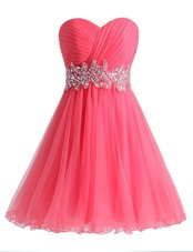 Unique Hot Pink Lace Up Sweetheart Beading and Ruching Prom Party Dress Chiffon and Tulle Sleeveless