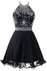 Glittering Black Empire Organza Scoop Sleeveless Beading and Belt Mini Length Zipper Party Dresses