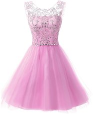 Superior Scoop Beading Party Dresses Lilac Zipper Sleeveless Knee Length