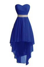 Fashionable Sweetheart Sleeveless Prom Party Dress High Low Belt Blue Organza