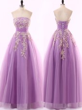 Clearance Lilac A-line Appliques Dress for Prom Zipper Tulle Sleeveless Floor Length
