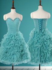Beautiful Beading and Ruffles Evening Gowns Turquoise Lace Up Sleeveless Mini Length