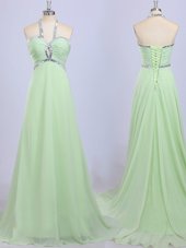 Halter Top Yellow Green Empire Beading Dress Like A Star Zipper Chiffon Sleeveless