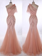 Glorious Tulle One Shoulder Sleeveless Brush Train Zipper Beading and Hand Made Flower Dress for Prom in Peach