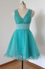 Aqua Blue A-line V-neck Sleeveless Tulle Knee Length Criss Cross Beading Prom Dresses