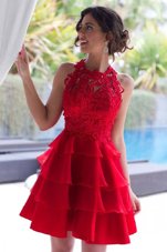 Lovely Red A-line Halter Top Sleeveless Tulle Knee Length Zipper Lace and Ruffled Layers Prom Gown