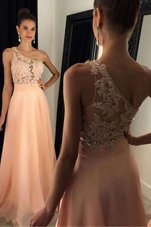 Pretty Peach One Shoulder Side Zipper Beading and Lace Formal Evening Gowns Sweep Train Sleeveless