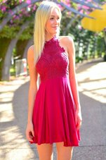 Halter Top Hot Pink A-line Appliques Prom Evening Gown Zipper Chiffon Sleeveless Knee Length