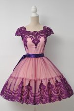 Purple Cap Sleeves Tulle Zipper Prom Dress for Prom and Party