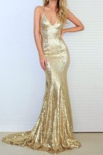 Chic Sequins Mermaid Sleeveless Gold Prom Dresses Sweep Train Criss Cross