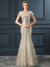 Mermaid Scoop Silver Short Sleeves Sequins and Belt Floor Length Prom Party Dress