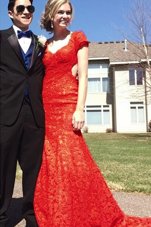Cheap Mermaid Red Lace Backless Prom Party Dress Short Sleeves Sweep Train Lace