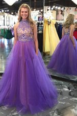 Lavender A-line Tulle Scoop Sleeveless Beading Floor Length Backless Homecoming Dress