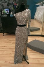 Silver A-line One Shoulder Long Sleeves Sequined With Train Sweep Train Zipper Beading Evening Wear