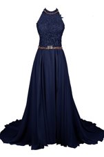 Top Selling Chiffon and Lace Halter Top Sleeveless Zipper Beading Homecoming Dress in Navy Blue