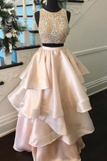 Graceful Scoop Peach Satin Zipper Pageant Dress for Womens Sleeveless Floor Length Beading
