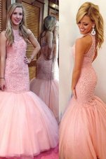 Mermaid Pink Scoop Neckline Lace Juniors Evening Dress Sleeveless Backless