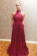 Halter Top Sequins Wine Red Sleeveless Sequined Zipper Womens Evening Dresses for Prom