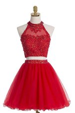 Red Two Pieces Tulle Halter Top Sleeveless Beading Knee Length Zipper Dress for Prom