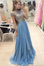 Classical Scoop Blue Zipper Prom Evening Gown Beading Cap Sleeves With Train Sweep Train