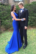 Elegant With Train Mermaid Sleeveless Royal Blue Homecoming Dress Sweep Train Backless