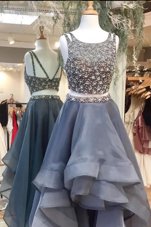 Scoop Sleeveless Organza High Low Zipper Glitz Pageant Dress in Grey for with Beading