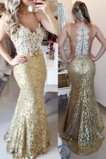 Traditional Mermaid Lace Gold Prom Party Dress Spaghetti Straps Sleeveless Brush Train Zipper