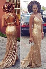 Halter Top Gold Sleeveless With Train Sequins Criss Cross Womens Evening Dresses