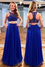 Floor Length Royal Blue Prom Dresses Scoop Sleeveless Zipper