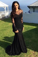 Black Mermaid Scoop Long Sleeves Tulle Sweep Train Zipper Beading and Lace Evening Gowns