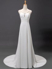 White Column/Sheath V-neck Sleeveless Chiffon With Brush Train Lace Up Beading Wedding Dresses