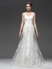Cheap Sleeveless Brush Train Lace and Appliques Zipper Wedding Gowns