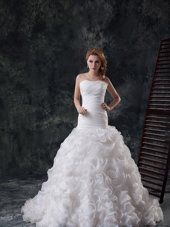 Sumptuous Sweetheart Sleeveless Fabric With Rolling Flowers Wedding Gowns Ruffles and Ruching Brush Train Lace Up