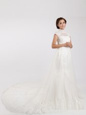 White Short Sleeves With Train Lace Clasp Handle Wedding Gown