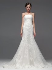 Dramatic White Lace Up Wedding Dress Lace Sleeveless With Brush Train